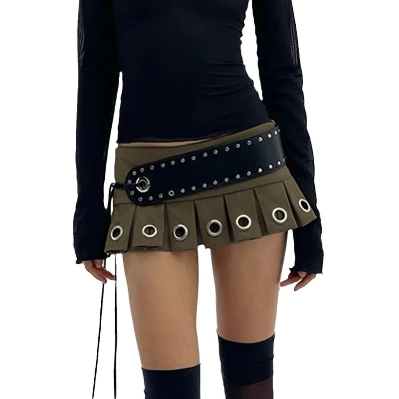 Chic Eyelet Hole Pleated Super Short Skirt with belt Grunge Sexy A-line Skirts Y2K Punk Style Vintage Streetwear Ladies