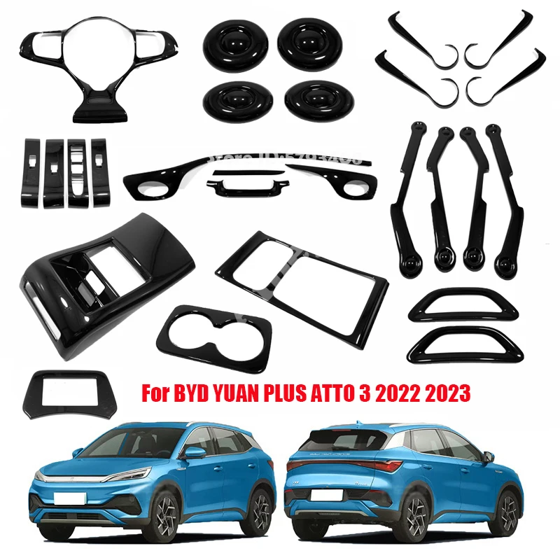 For BYD ATTO 3 YUAN PLUS 2022 2023 Inner ABS Glossy Black Door Amrest Center Control Gear Water Cup Panel Air Vent Cover LHD RHD