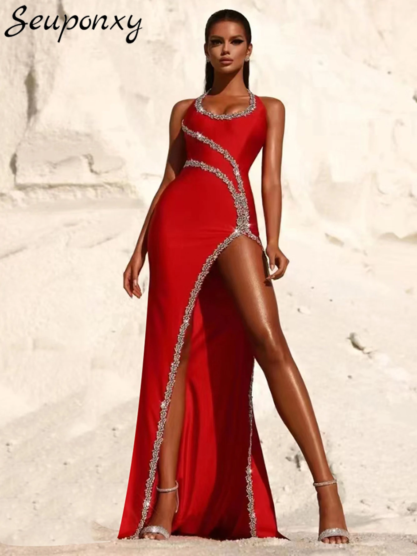 

High Quality Women's Red 2023 New Sexy Sleeveless Neck Hanging Diamond Crystal Split Bandage Maxi Dress Elegant Club Party Dress