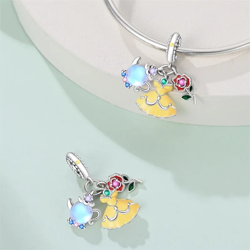 

925 Sterling Silver Rose Princess Charms Pendant Fit 3mm Original Bracelet DIY Women Exquisite Birthday Anniversary Jewelry Gift