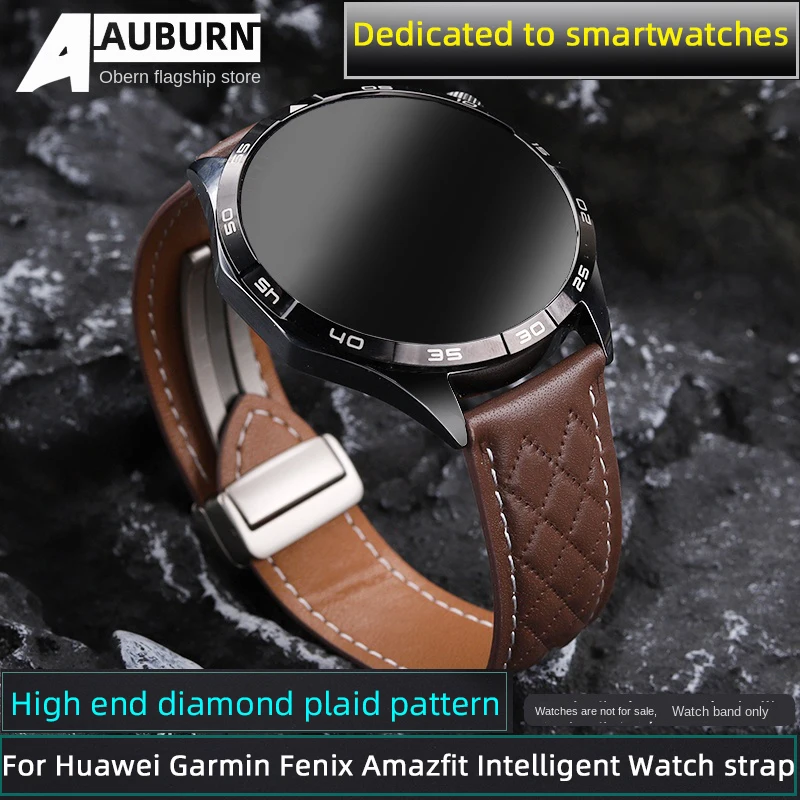 

For Huawei GT4 leather strap GT/2/3 watch3/4 pro Garmin Fenix Amazfit magnetic buckle cowhide fashionable plaid strap 20/22mm