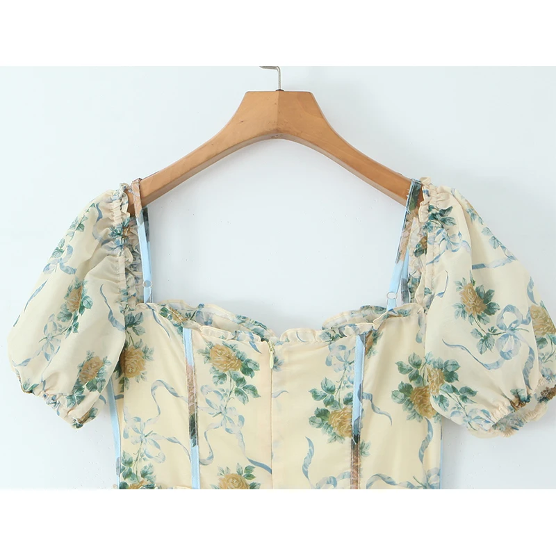 Sukienki letnie damskie w stylu boho z kwiatowym nadrukiem, patchworkowe, szyfonowe, vintage, z bufiastymi rękawami i cienkim paskiem, sukienka midi w kształcie litery A, sukienka wakacyjna dla kobiet.