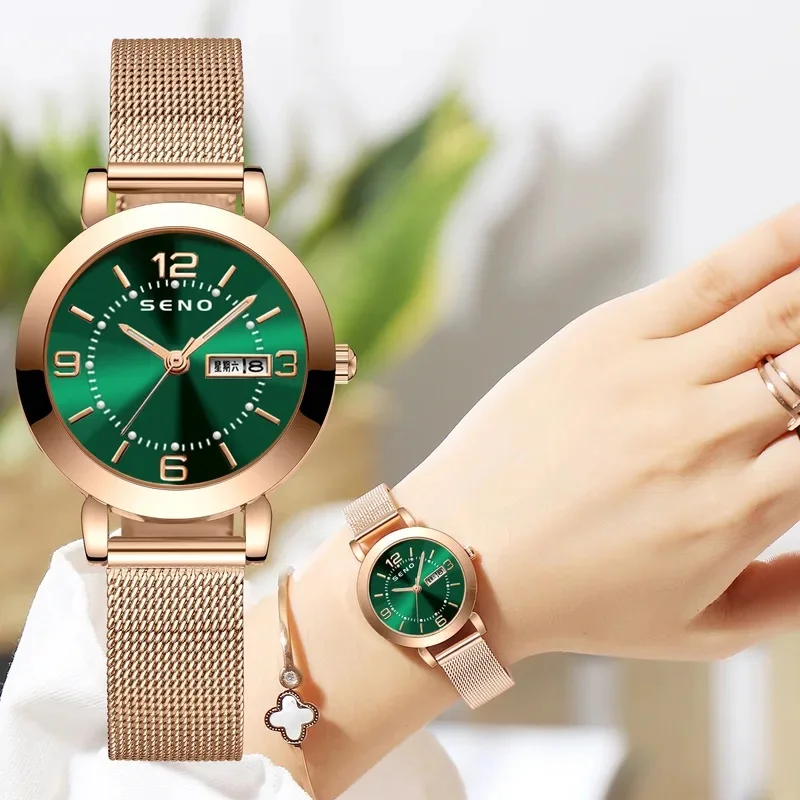 Fashion Women Quartz Wristwatch Stainless Steel Strap Big Numeral Dial Waterproof Calendar Luminous Feature Ladies Daily‑Use Gif