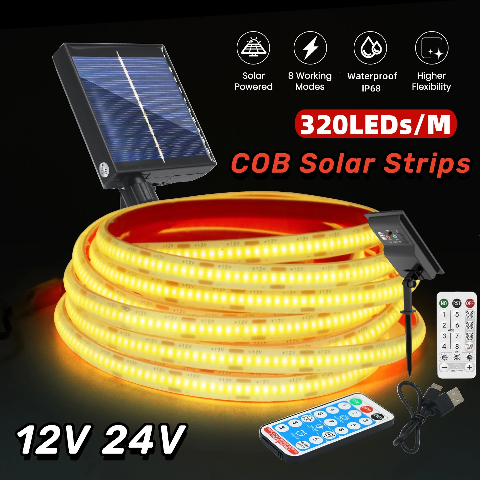 12V 24V Dimmable Solar COB Strip Outdoor IP68 Waterproof 320LEDs/M RA90 High Density Flexible Ribbon Tape Lamp 3000K 4000K 6000K