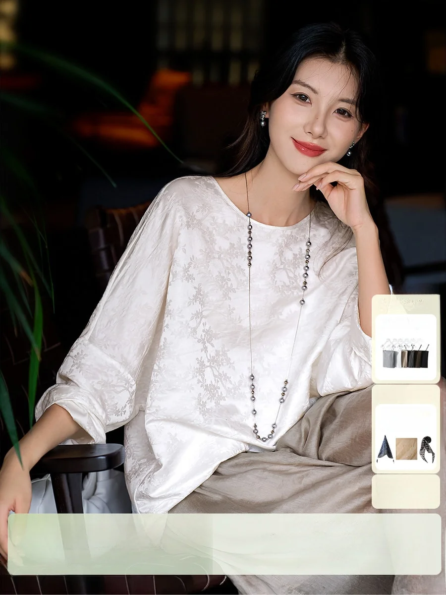 

Кружевная атласная женская блузка свободного кроя, двусторонняя, из шелка и хлопка, в китайском стиле, дышащая, летняя, с длинным рукавом, круглый вырез