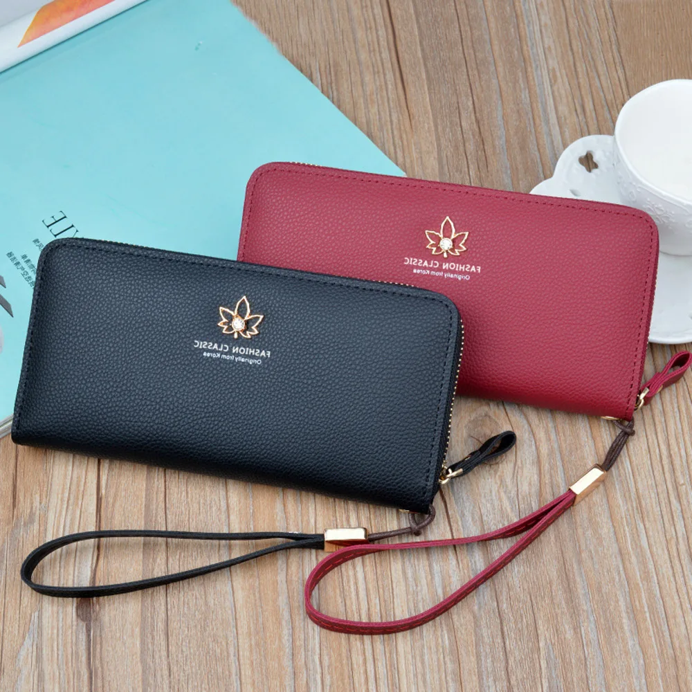 Minimalist Multi-Color Long Wallet For Women Durable Card Case With Maple Leaf Metal Detail