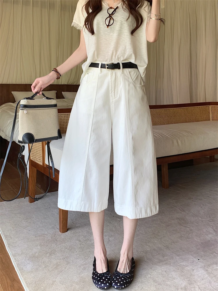 

High Waist White Casual Denim Jeans Women's Loose Straight Leg Seven-Foot Pants Summer Fashion Versatile Cotton Blend