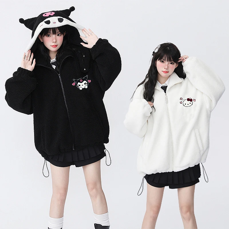 Kawaii Original Kuromi Lamb Plush Jacket Woman Sanrioed Anime Cartoon Hello Kittys Cinnamoroll Removable Hat Couple Cotton Coat