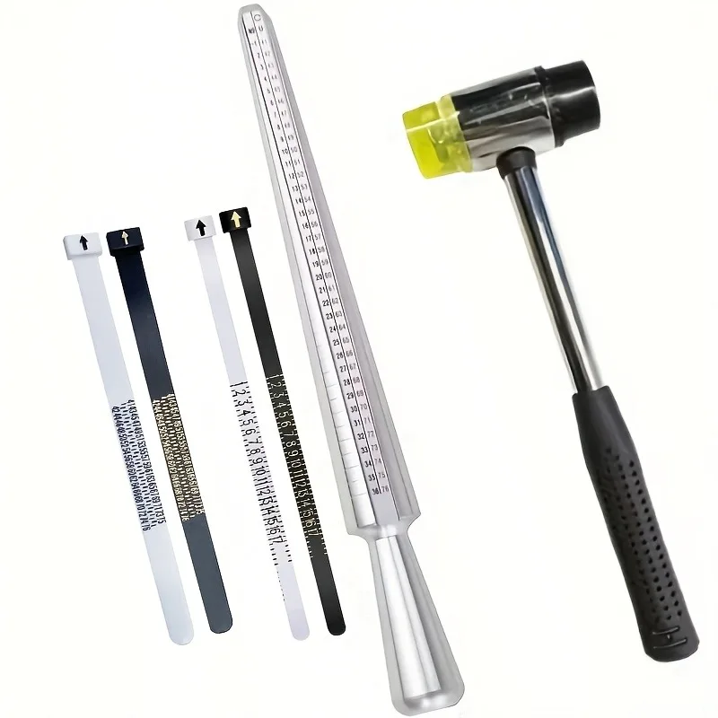 6Pcs Professional Ring Sizing Set Metal Ring Mandrel Rubber Hammer 4 Finger Sizers for Ring Bracelet Resizing DIY Jewelry Repair