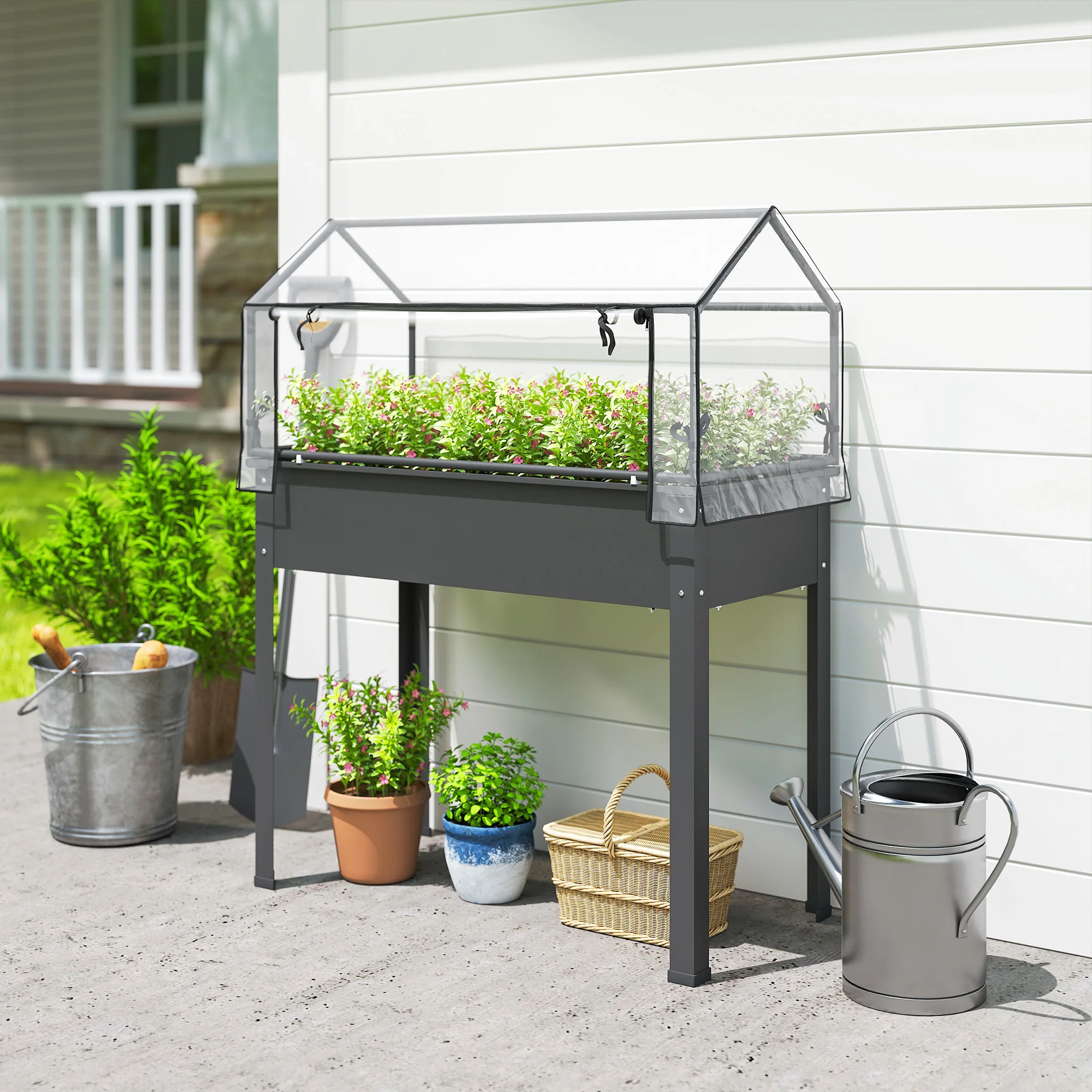 Elevated Garden Bed with Greenhouse Cover, Dark Gray