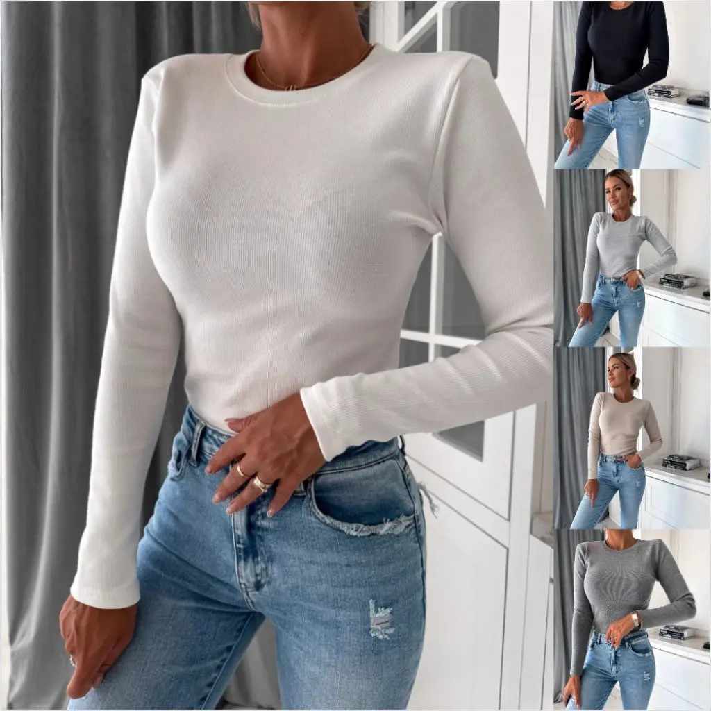 

Women's Long Sleeve Knitted Top round Neck Simple Solid Color Autumn Winter Warm Fashionable New Arrival for Ladies