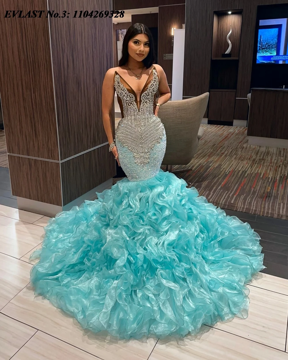 EVLAST personnalisé africain sauge vert volants robe De bal perles De cristal sirène robe De soirée noir filles robes De Festa E3P117