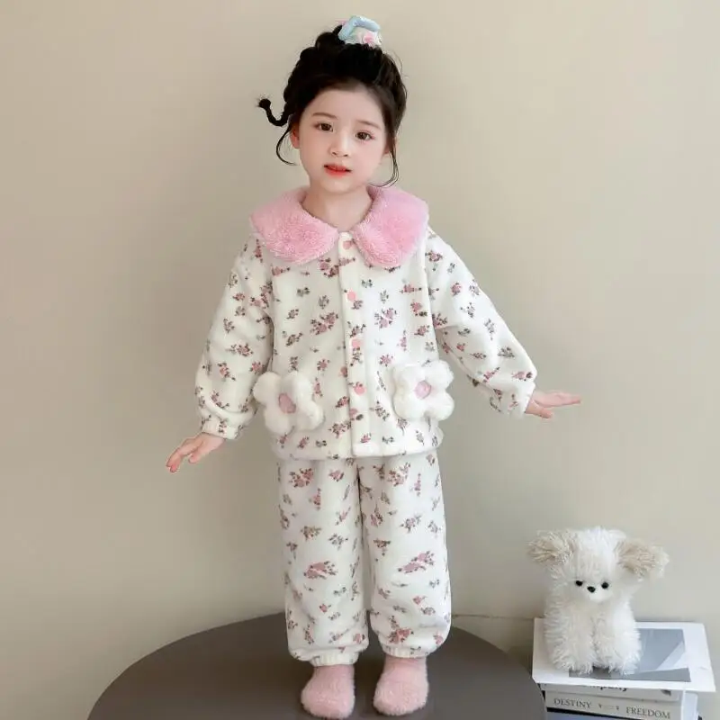 

Пижамы с цветочным принтом для девочек, комплект из 2 предметов, кардиган, брюки, утепленные зимние топы, детские кавайные модные новые теплые повседневные одежды, домашняя одежда