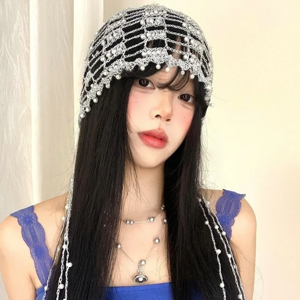 

Handmade Chain Beaded Hats Shining Crystal Bridal Head Ornament Hollow Pullover Hats Tassel Decoration Luxury Hairbands