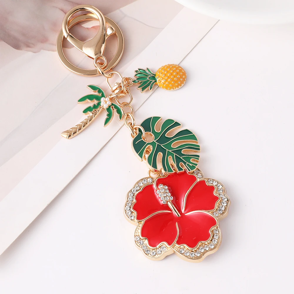 2026 New Flower Keychain Hawaii Beach Holiday Style Pineapple Coconut Tree Palm Leaf Pendant Metal Keyring Carnival