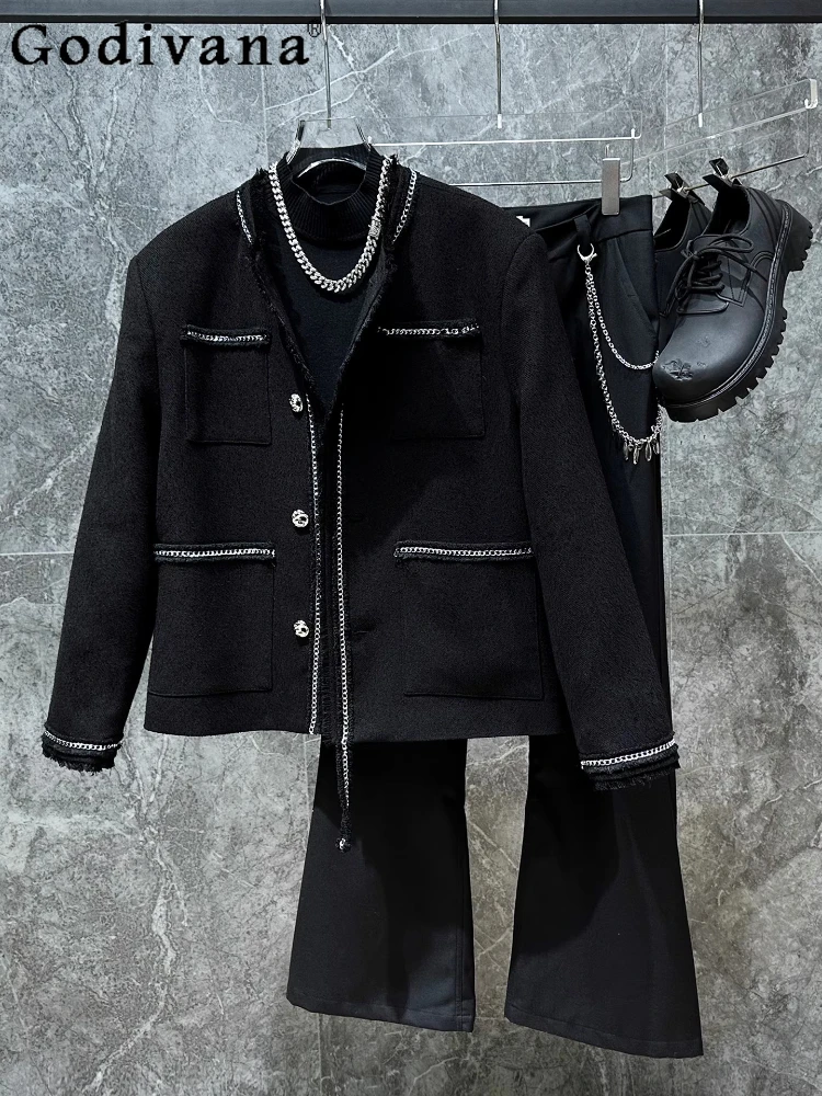 

Autumn Winter Fashion Korean Classic Crew Neck Shoulder Padded Jacket Chain Men Black Versatile Loose Long Sleeve Handsome Tops