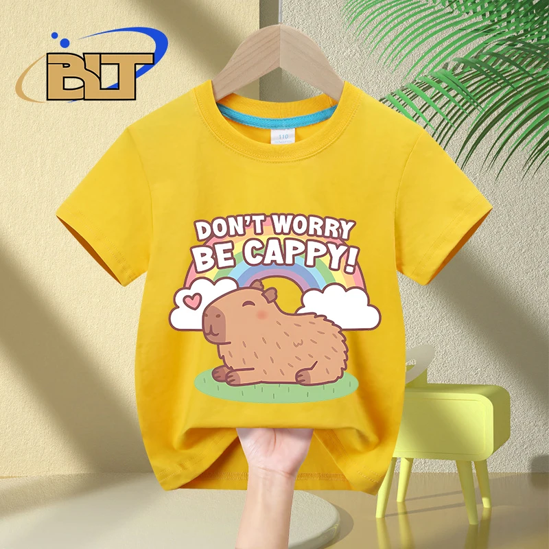 Capybara lucu dan pelangi, jangan khawatir menjadi Cappy kidsT-shirt musim panas katun murni lengan pendek atasan kasual untuk anak laki-laki dan perempuan