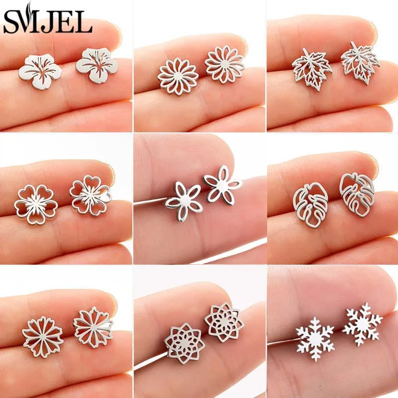 Small Stainless Steel Earings Fashion Jewelry Bohemian Rose Flower Stud Earrings Plant Maple Leaves Ear Studs Pendientes Gift