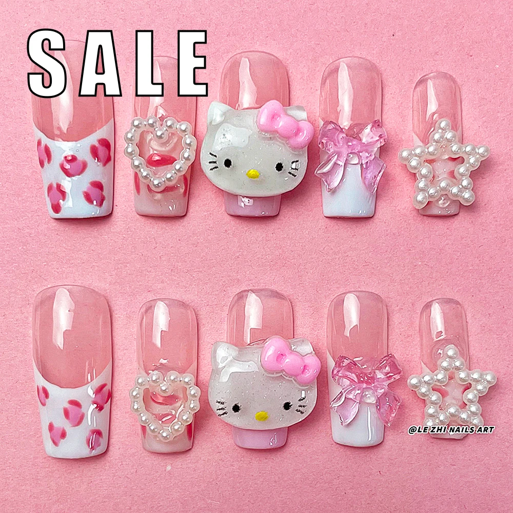 

Sales Promotion Kawaii Sanrio Hello Kitty Square False Nail Pink Bowknot Hand-Painted Pattern Detachable Finished Fake Nail Tips