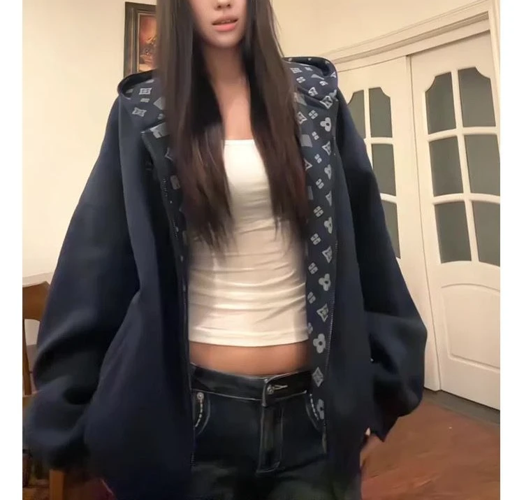 Lazy Wind Gray Hooded Sweater Jacket Women's Autumn and Winter Loose Sense of Leisure Short Section Zipper Loose Cardigan