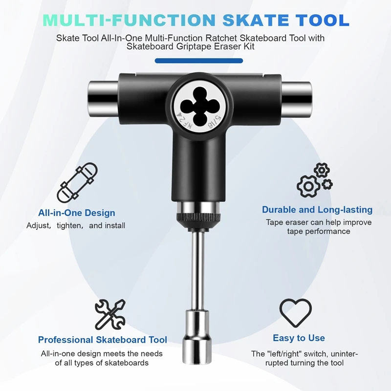 AA79 New Skate Tool Integration Multi-Function Ratchet Skateboard Tool With Skateboard Griptape Eraser Kit