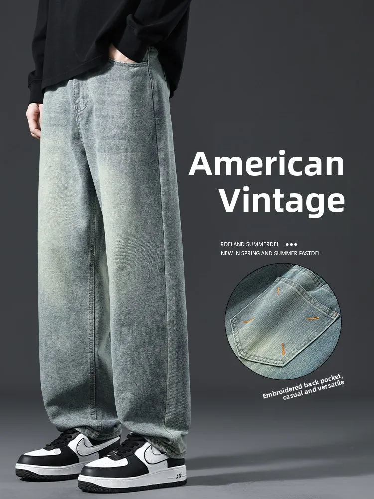 

Мужские джинсы с широкими штанинами в стиле ретро, повседневные свободные прямые повседневные брюки, модные универсальные зимние новые брюки из смеси хлопка и полиэстера