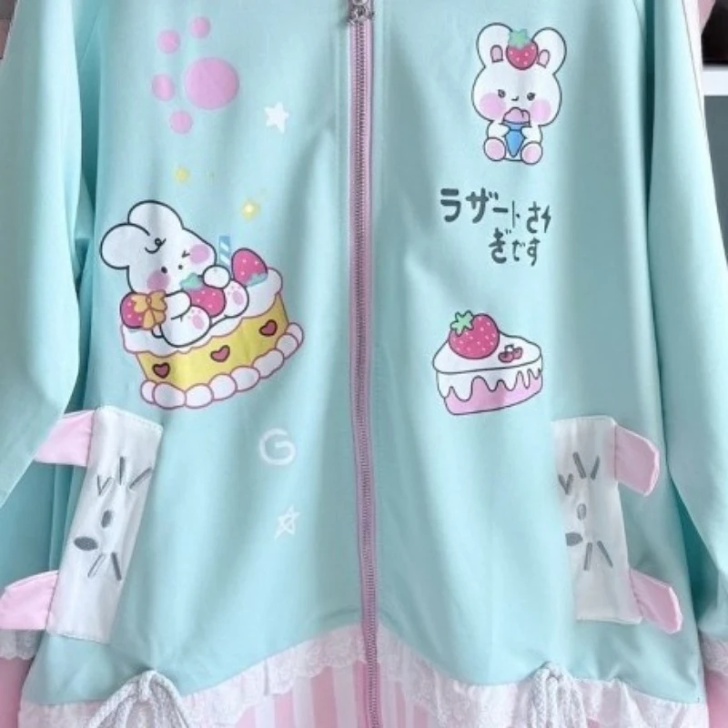 اليابانية Kawaii لطيف الكرتون الطباعة هوديي نمط Preppy ELace المرقعة الجرونج بلوزات Y2k الجمالية ضمادة فضفاضة هودي