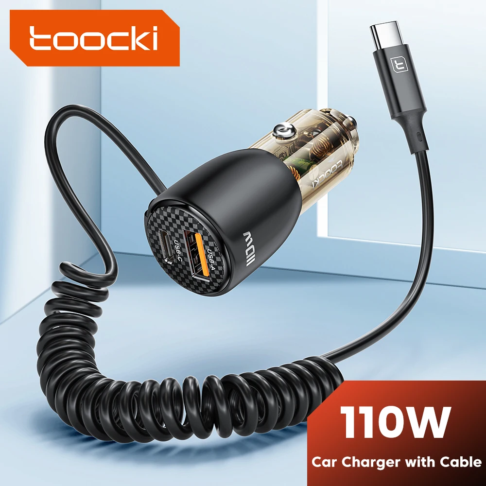 Toocki 110W USB Car Charger Transparent PD QC 3.0 Type C Fast Charging Charger With Type C Cable For iPhone 15 14 Xiaomi Samsung