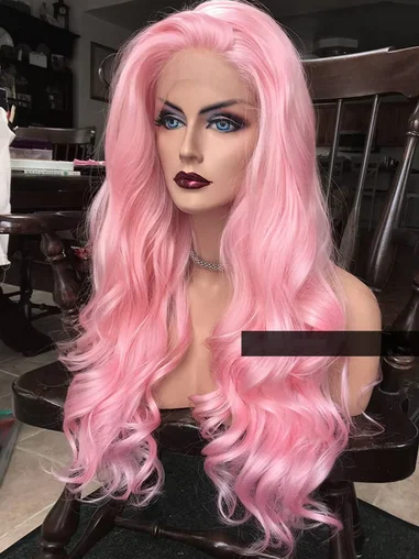 Pink Lace Front Wigs Long Wavy Synthetic Wigs with Natural Hairline Glueless Heat Resistant Fiber Women 28Inch Cosplay Lace Wigs