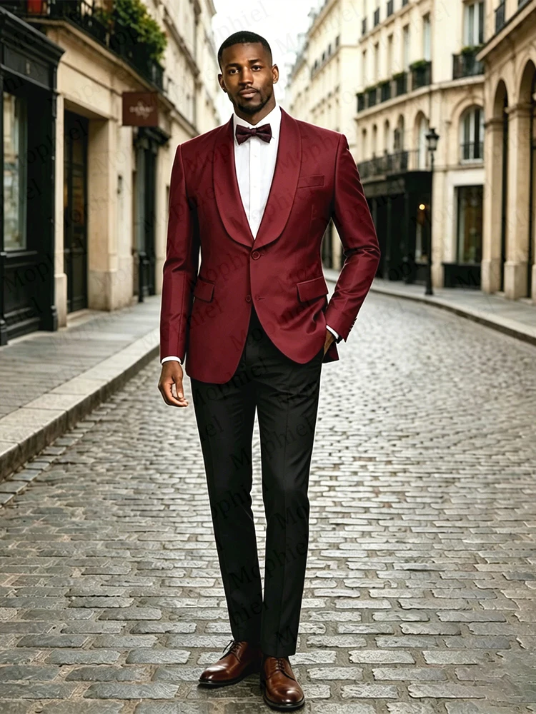 Customized Wedding Men's Suits Burgundy 2 Pcs Shawl Lapel Single Breasted Groom Suit Tuxdeo Prom Slim Fit Blazer Jacket+Pants
