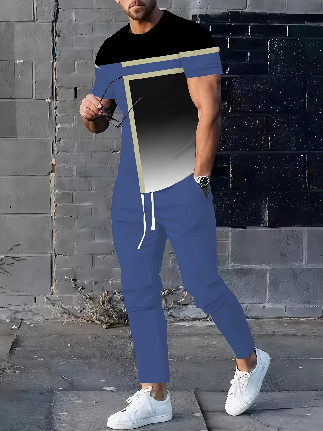 

Fashion Simple Lines 3D Print Men Sportswear Set Casual Short-Sleeved T Shirt Pants 2-Piece Set Oversized Pullover Men Clothing