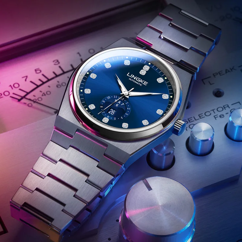 LINGKE Jam Tangan Mekanis Gerakan MIYOTA Mewah Bermerek untuk Pria Jam Tangan Otomatis Pria Fashion Safir Tanggal Minggu Baja Tahan Karat