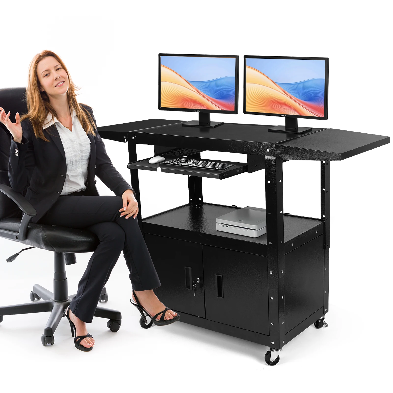 

Steel AV Cart Height Adjustable Computer Cart with Pullout Keyboard Tray & Cord Management for Computer Laptop Projector Printer