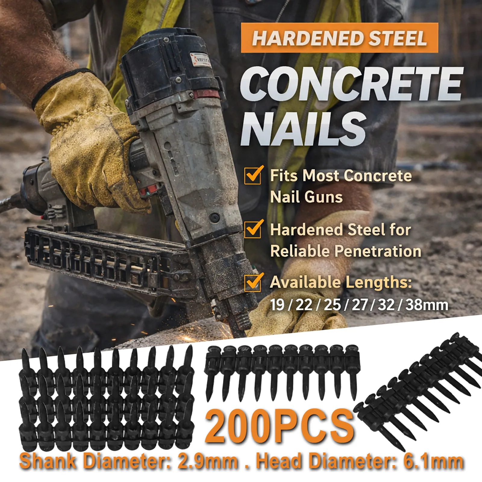 200PCS Gas Actuated Tool Nails 2.9mm Concrete Drive Pins 19/22/25/27/32/38mm Steel Fasteners for Masonry Wall High Strength