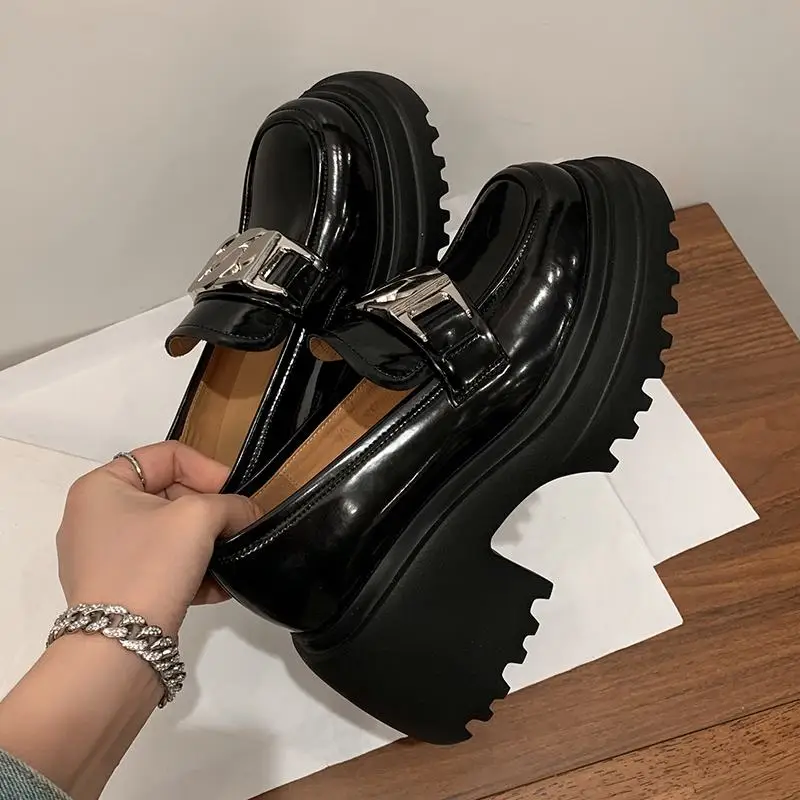 Krazing Pot Genuine Leather Autumn Shoes Slip On Preppy Style Platform Thick Bottom Metal Buckle Loafers European Women Pumps