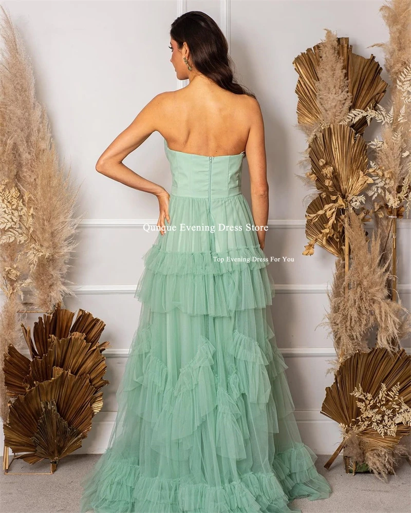 Qunque Long Mint Green Evening Dresses Tiered Strapless Tulle Guest Prom Gowns For Women Elegant Event Gowns Vestidos De Noche