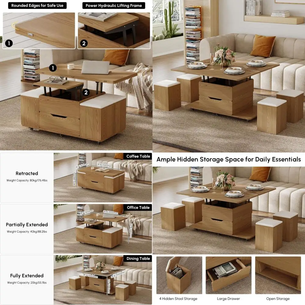 

Универсальный журнальный столик из натурального дерева со скрытым хранилищем и сиденьем из 4 стульев на колесах.