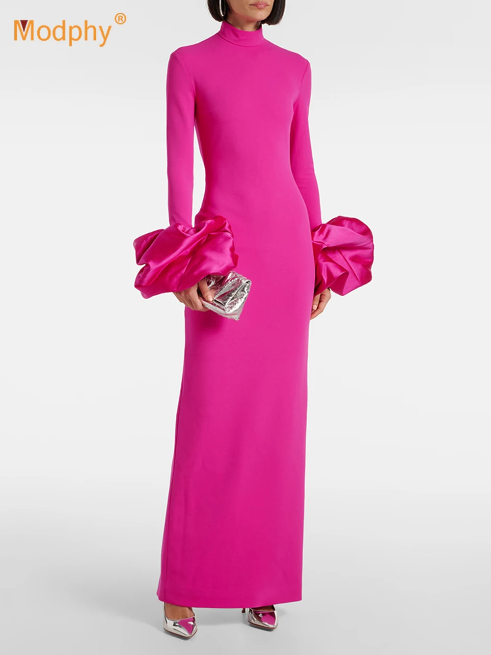 

Modphy Elegant Women Slim Maxi Dress Solid Petal Sleeves Long Dresses 2026 Long Sleeve Turtleneck Formal Dinner Party Prom Gowns