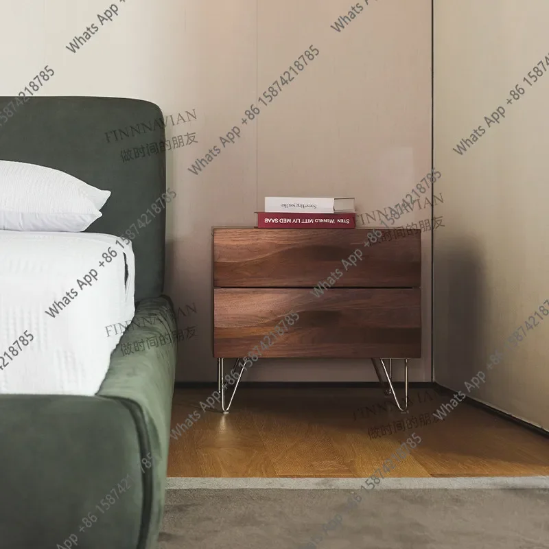 R65 Italian Simple Black Walnut Wood Bedside Cabinet Sideboard Storage Cabinet Bedroom Small Apartment Light High-end Feeling