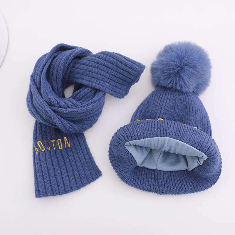 8 Colors Winter Fashion Letter Beanie Hat for Boys Girls Outdoor Warm Knitted Hat with Scarf Sets Kids Woolen Headwear Cap 3-8Y