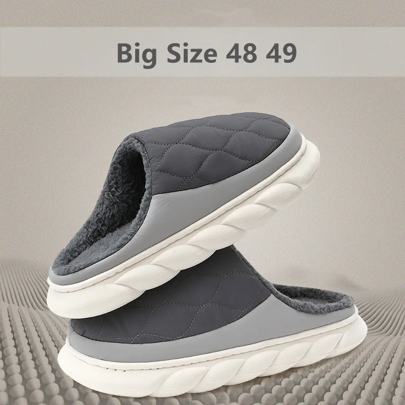 Big Size Winter Men Slippers Furry Home Cotton Shoes Women Fashion Waterproof Slides Outdoor Soft Non-Slip Couples Indoor Flats