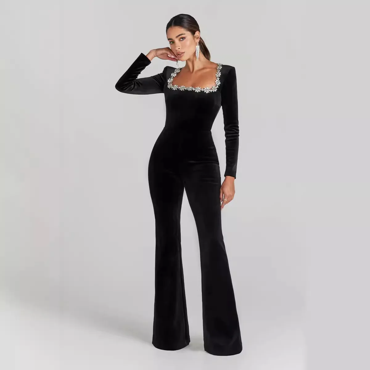 

2025 Spring/Summer New European-Style Sexy Bandage Jumpsuit, Long-Sleeve Women's Evening Wear with Rhinestone Embellishments