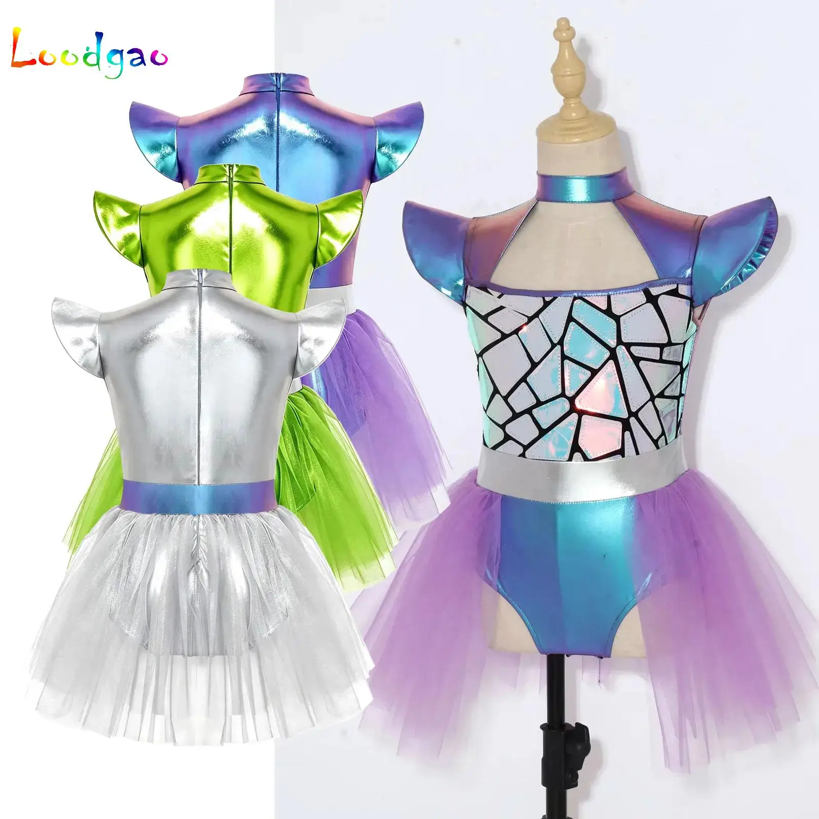 Kids Girls Metallic Shiny Alien Costume Halloween Outer Space Alien Robot Anime Fancy Dress Up Sleeveless Sequins Tulle Dress