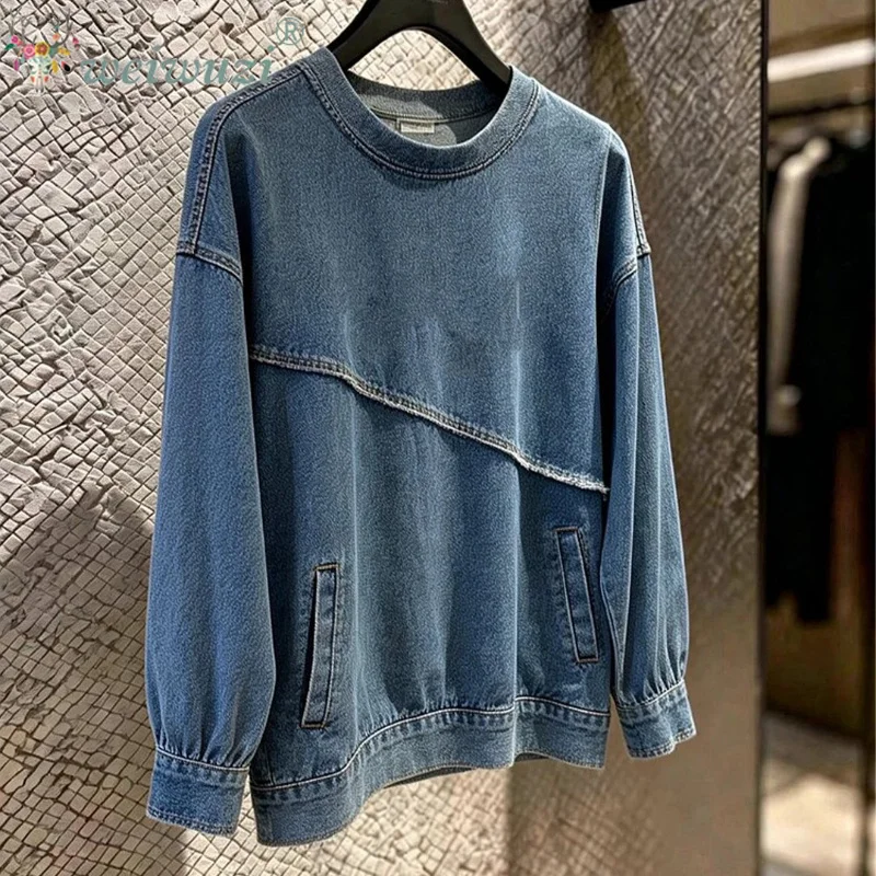 Women Denim Jacket Irregular Cut Jean Coat Loose Lazy Style Long Sleeve Outerwear Casual Reduced Age Streetwear Fashion Tops