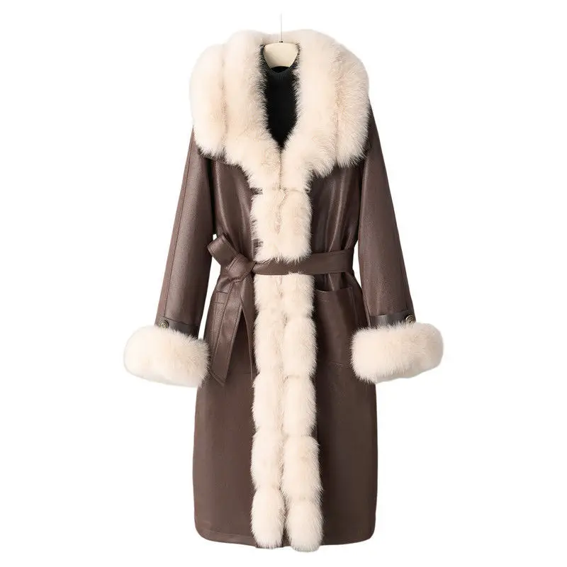 2025 outono e inverno novo plus size gola de pele de raposa casaco de pele preenchido com penas de ganso longo para mulher