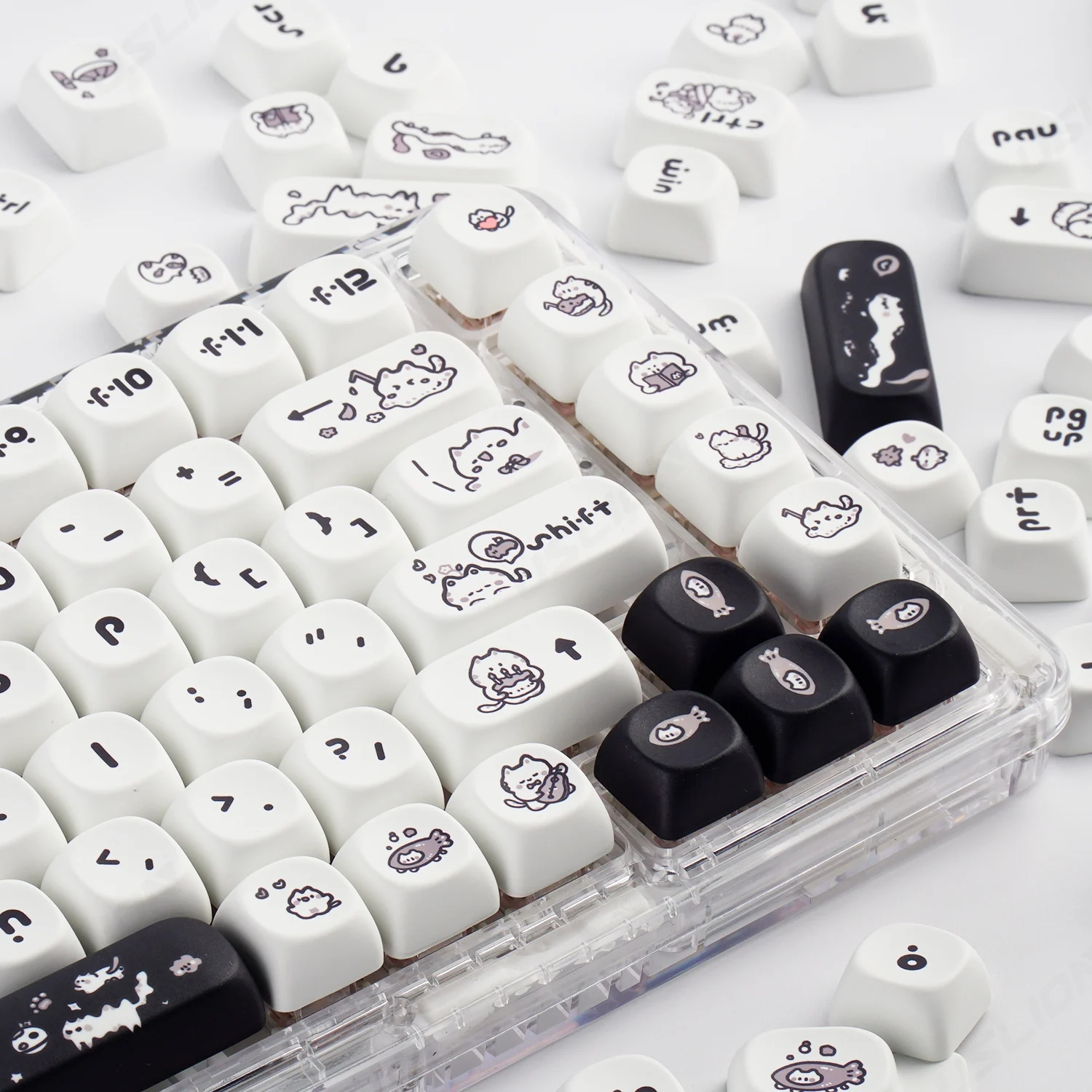 USLION 140 klawiszy Profil MOA Czarny Biały Motyw Naught Cat Nasadki na klawisze PBT ISO Layout Nasadki na klawisze do klawiatury mechanicznej 64/75/87/98/104