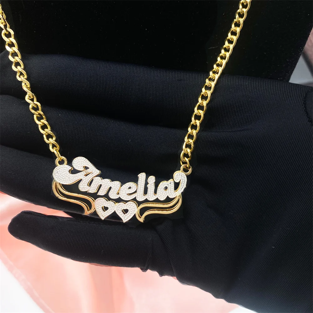 Name Custom Necklace 3D Double Plate Nameplate Pendant Necklace Personalized Stainless Steel Necklace Birthday Gift for Baby