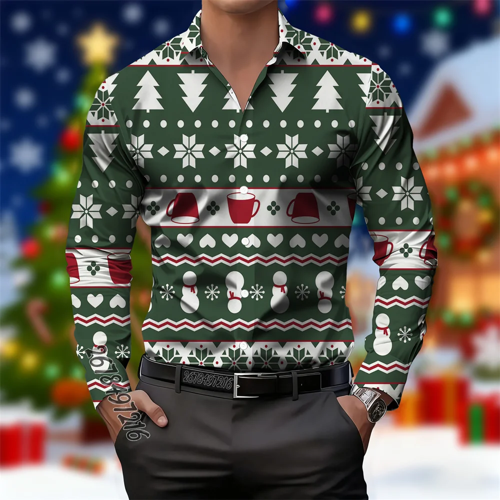 Men's Christmas-themed jacquard pattern long-sleeved shirt, reindeer and heart pattern New Year's holiday casual collar shirt