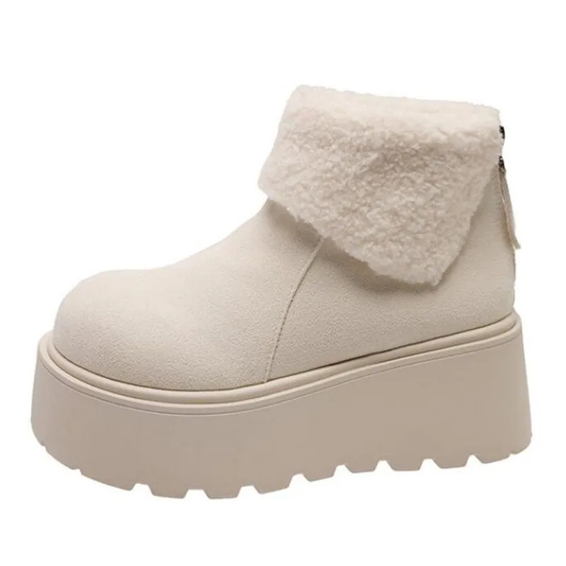 

Мода 2025 Новые женские ботильоны на меху на плоской подошве, замшевая обувь на платформе, дизайнерские женские зимние ботинки, зимние короткие плюшевые теплые женские ботинки