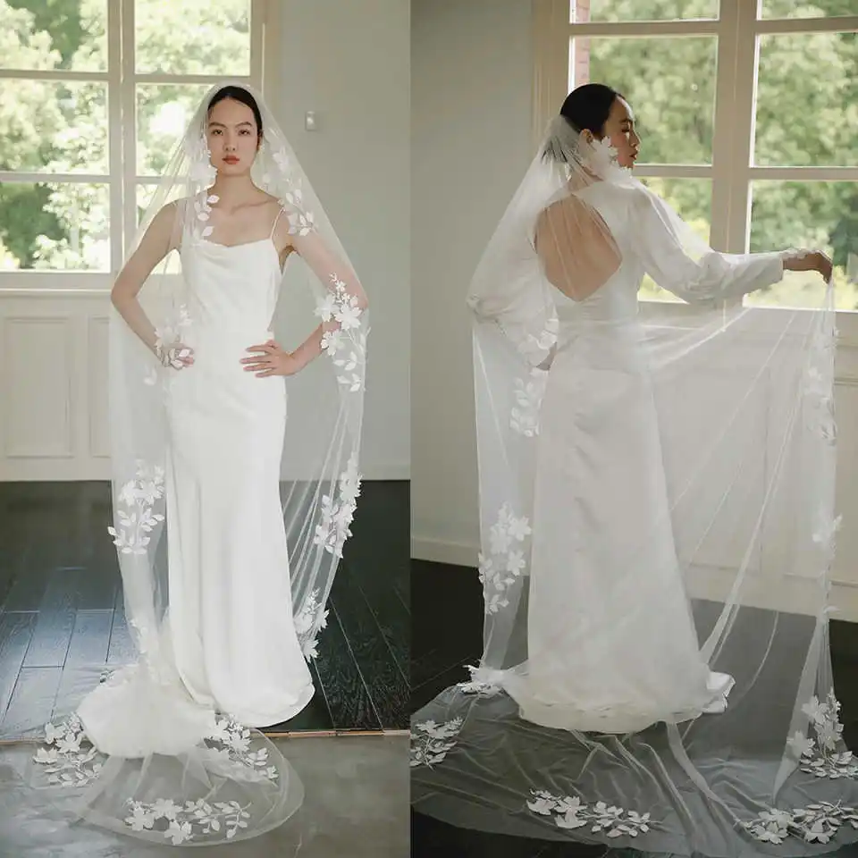 

Customized Wedding Veil Lace Applique One Layer Long Cathedral Bridal Veil Ivory Veil Velo De Novias Wedding Accessories